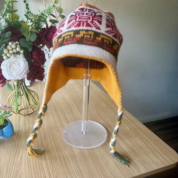PERU Cusco Llama Reversible Wool Alpaca Knitted Beanie Tassel Inca Maya Aztec - Picture 4 of 15